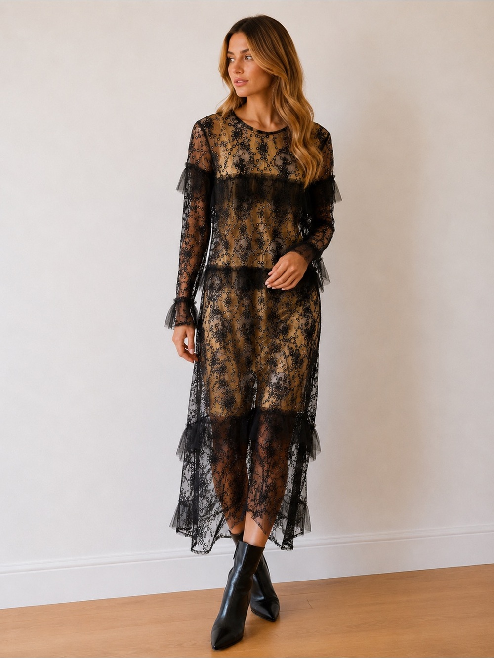 Burberry Black Lace Dress with Gold Satin Underlay. Burberry Prorsum collection.